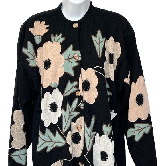 Sweater Cardigan Large Flowers Embroidered Autumn Fall Wool Oversized Hong Kong - Picture 1 of 9